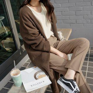 Open-front Ribbed Knit Long Cardigan