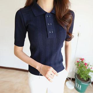 Short-sleeve Linen-blend Knit Top