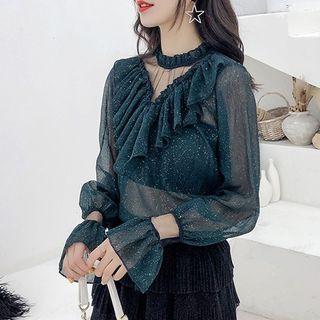 Sequined Ruffle Trim Mesh Blouse