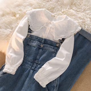 Long-sleeve Lace Collar Blouse / Denim Dungarees