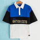Elbow-sleeve Lettering Color Block Polo Shirt
