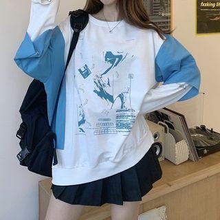 Printed Color-block Long-sleeve Oversize Pullover