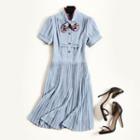 Short-sleeve Striped Embroidered Mini Pleated Dress