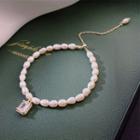 Rhinestone Freshwater Pearl Bracelet White Freshwater Pearl - Gold - One Size