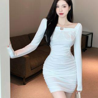 Square-neck Lace Panel Mini Bodycon Dress