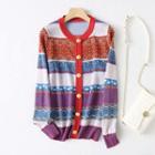 Print Color Block Cardigan Red & Blue & Purple - One Size