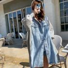 Denim Shirt-panel Long Hoodie Light Blue - One Size