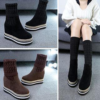 Platform Hidden Wedge Knit Panel Mid-calf Boots