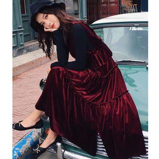 Ribbed Long-sleeve Top/ Layered Midi Pleuche Pinafore Dress/ Set