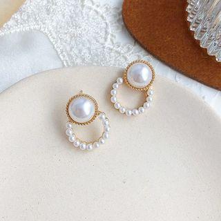 Faux Pearl Hoop Dangle Earring 01 - 1 Pair - Silver Needle - Earring - One Size