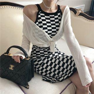 Check Halter Knit Dress / Sheer Tie-waist Cardigan