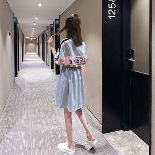 Elbow-sleeve Lettering Color Block Half-zip Dress