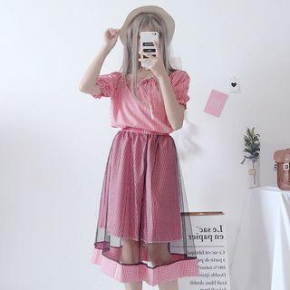 Set: Plaid Short-sleeve Top + Mesh Panel Plaid Midi A-line Skirt
