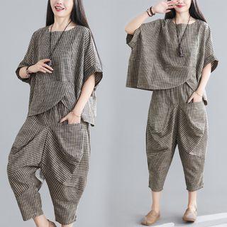 Set: Short-sleeve Striped Top + Harem Pants Set - Short-sleeve Top & Pants - Gray - One Size