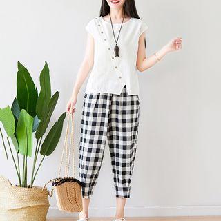 Set: Short-sleeve Buttoned Top + Plaid Harem Pants