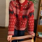 Long-sleeve Heart Jacquard Knit Cardigan Red - One Size