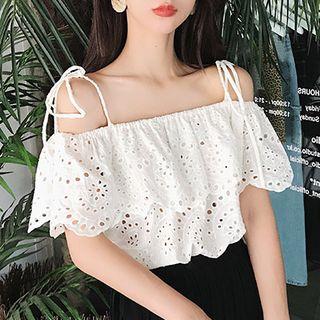 Eyelet Lace Ruffle-detail Cold-shoulder Blouse