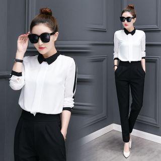 Set: Contrast Trim Chiffon Shirt + High Waist Pants
