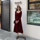 Sweetheart Neckline Long-sleeve Midi A-line Velvet Dress Wine Red - One Size