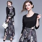 Long-sleeve Print Panel A-line Maxi Dress