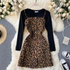 Set: Long-sleeve T-shirt + Spaghetti Strap Leopard Print A-line Dress