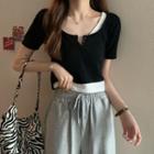 Cropped Color-block Mock Two-piece Panel Short-sleeve Top