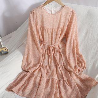 Long-sleeve Floral Print Tiered A-line Dress