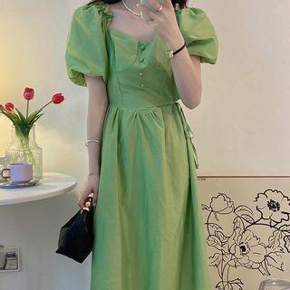 Puff-sleeve Square-neck Plain Maxi Dress