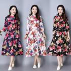 3/4-sleeve Floral A-line Midi Dress