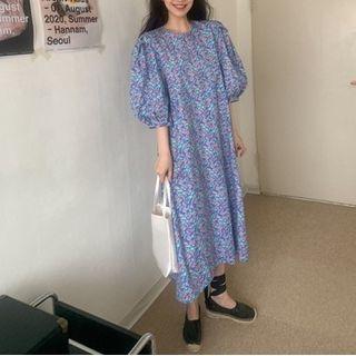 Puff Sleeve Floral Print Dress As Shown In Figure - One Size