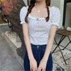 Puff-sleeve Floral Print Lace Trim Top White - One Size