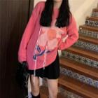 Long-sleeve Flower Printed Knit Sweater Pink - One Size