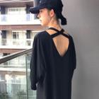 Plain Loose-fit Lace-up 3/4-sleeve Dress