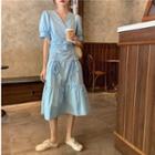 V-neck Short-sleeve Drawstring Frill Mini Dress