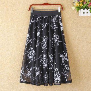Printed Mesh A-line Midi Skirt
