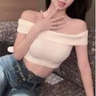 Off-shoulder Plain Cropped Knit Top White - One Size