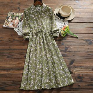 Long-sleeve Printed Corduroy A-line Midi Dress