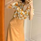 Floral Blouse / Plain Midi A-line Skirt / Set