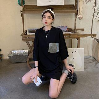 Short Sleeve Rhinestone Pocket Oversized T-shirt