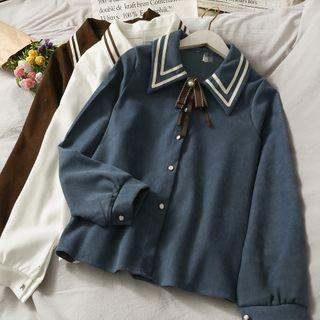Ribbon-neckline Striped Loose Shirt
