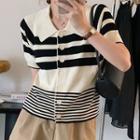 Short-sleeve Button-up Striped Knit Top Stripe - Black & White - One Size