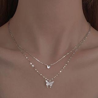 Butterfly Pendant Sterling Silver Layered Necklace Butterfly Double Layer Necklace - Silver - One Size