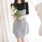 Set: Checked Pinafore Dress + Puff-sleeve T-shirt Black - One Size