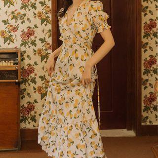 Balloon-sleeve Lemon Print Midi A-line Dress