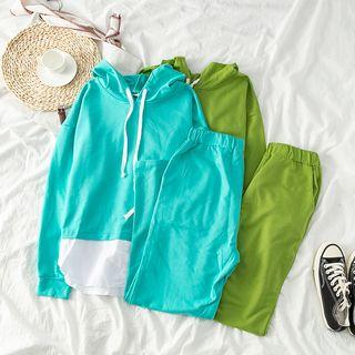 Set: Hooded Long-sleeve Plain Top + Sweatpants