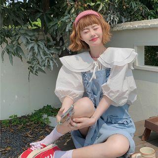 Puff-sleeve Blouse / Ruffled Denim Jumper Shorts