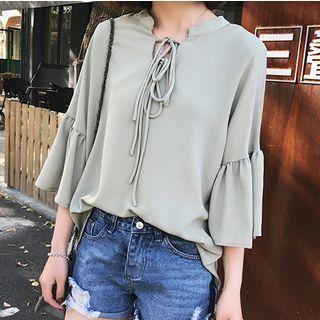 Cross Neck Elbow-sleeve Chiffon Top