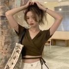 Short-sleeve V-neck Tie-waist Crop Top