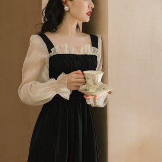 Mesh Sleeve Frill Trim Midi A-line Dress
