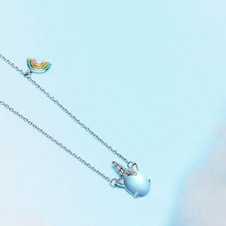 925 Sterling Silver Moonstone Unicorn & Rainbow Pendant Necklace As Shown In Figure - One Size